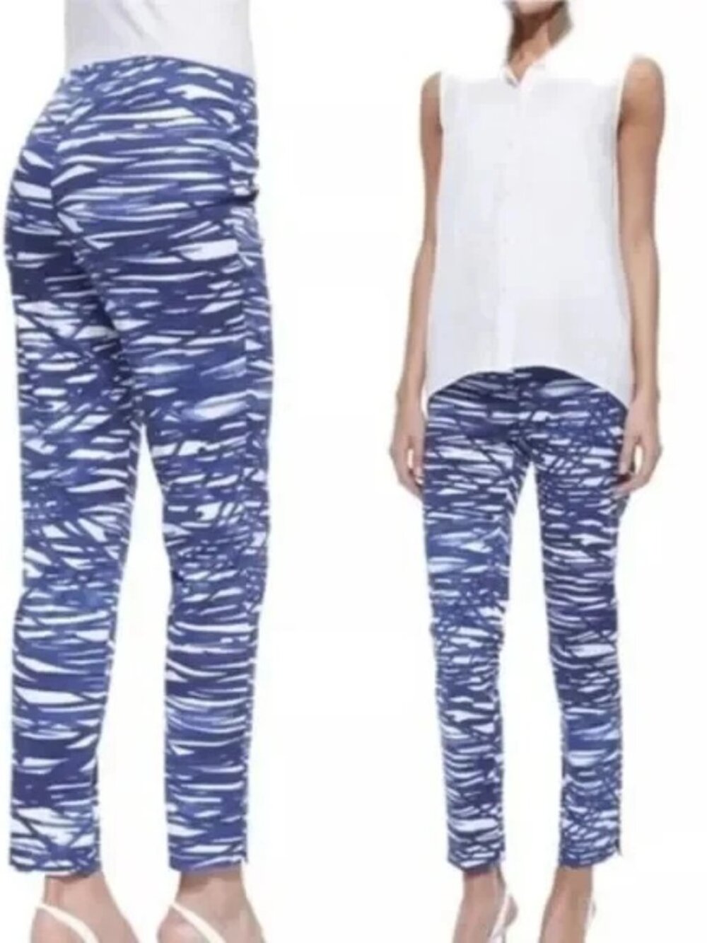 Lafayette 148 Stanton Pants Womens Sz 8 Blue Print Side Zip Crop Stretch Cotton